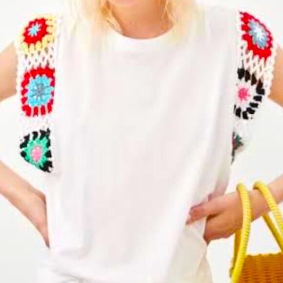 Zara Trafaluc S/S18 Cropped Tee with Granny Square Crochet Short Sleeves-Size M - Picture 1 of 4
